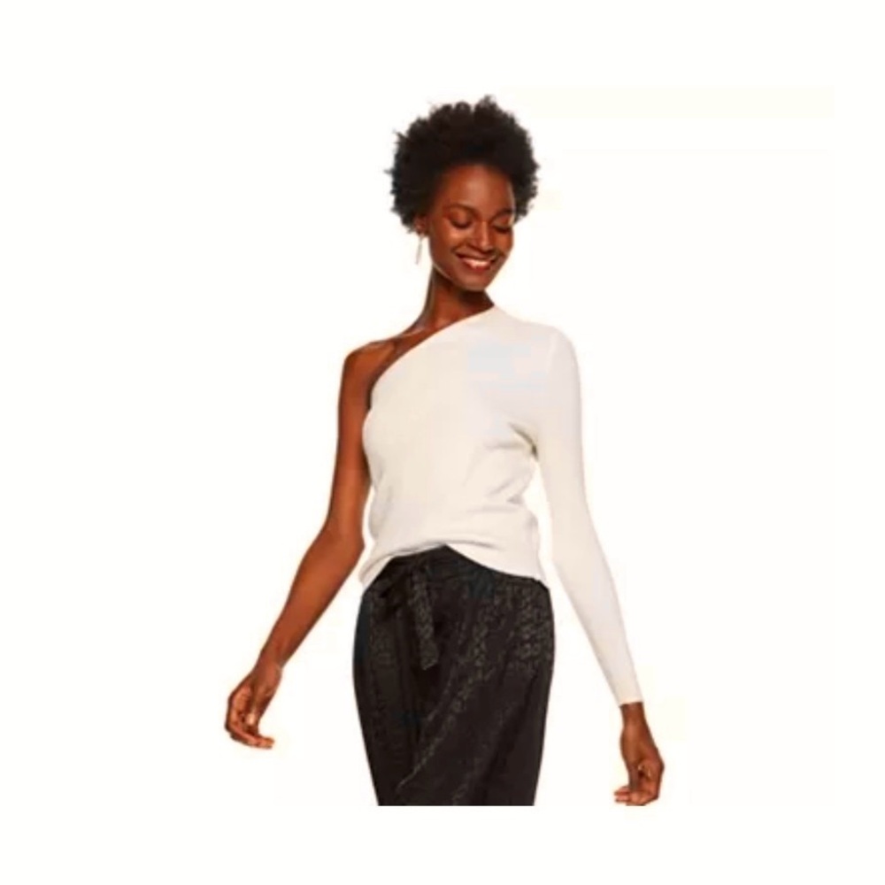 Women's Nine West Beige Ribbed One-Shoulder Long Sleeve Top